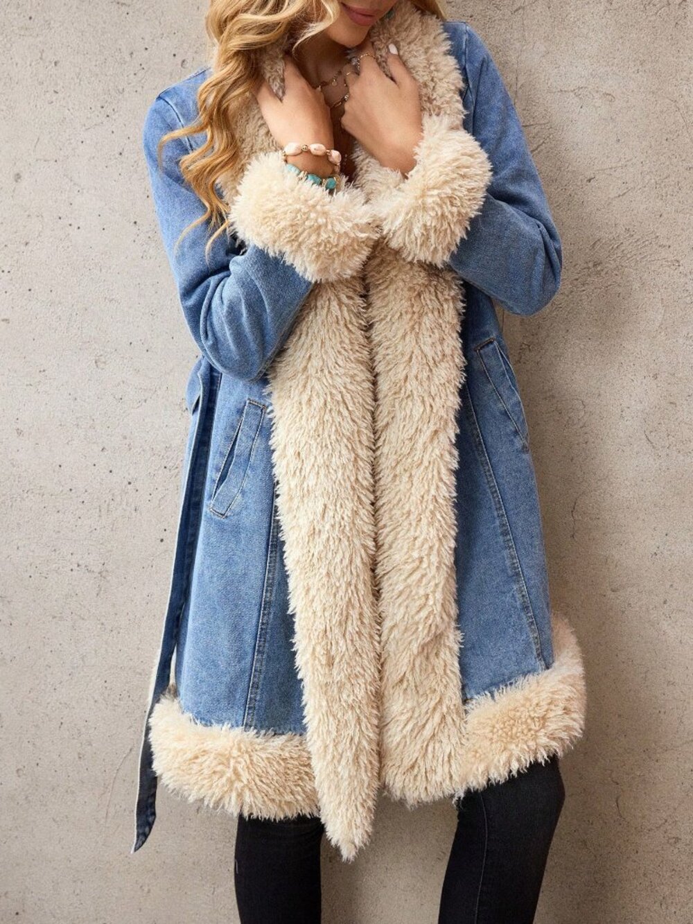Blue Casual Women's Fuzzy Trim Waist Denim Coat